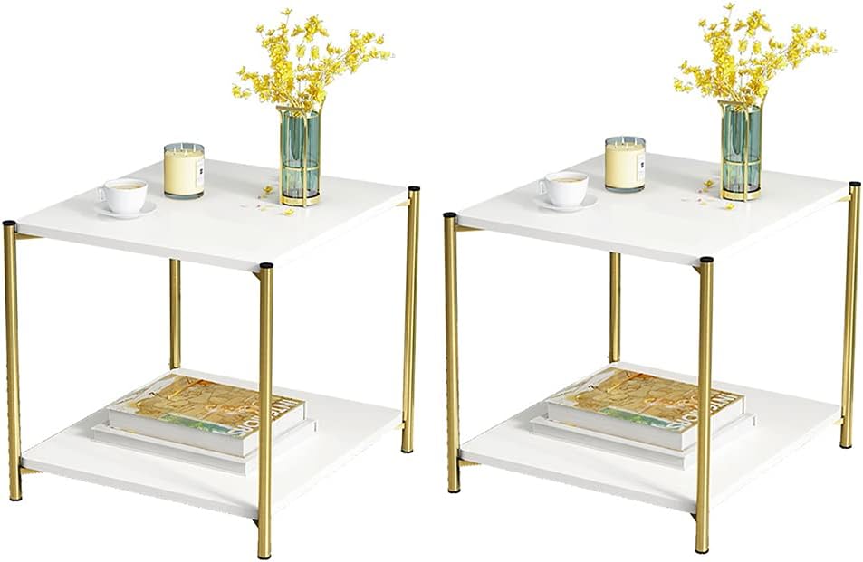 Coffee Tables for Living Room, Double-Layered Square End Side Tables Sofa Table, Modern Marble Nesting Table with Metal Frame Legs Set of 2 (White+square+Golden frame)