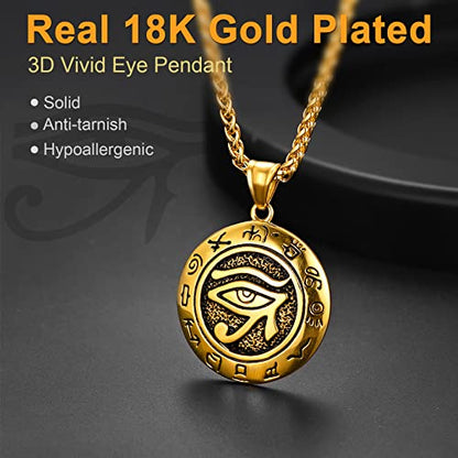 U7 Ancient Egyption Jewelry Stainless Steel 18K Gold Plated Eye of Horus Necklace, Ankh Cross Pendant, Men Women Fashion Jewelry with Chain 22 Inch, Send Gift Box