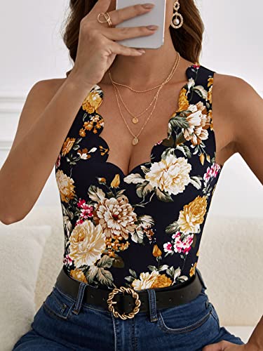 GORGLITTER Women's Floral Print V Neck Scallop Trim Sleeveless Tank Top Blouse