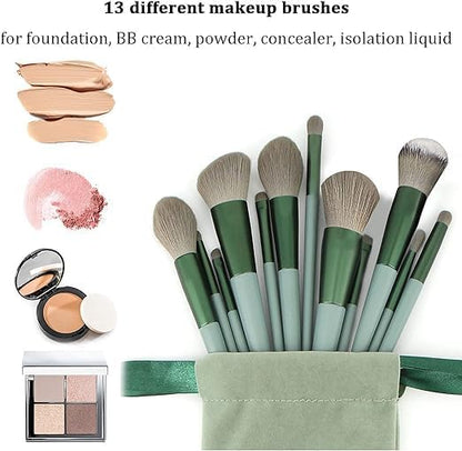 13 green makeup brush sets, professional advanced synthetic makeup brush, foundation, concealer, eyeshadow, highlight blush, female beauty professional makeup brush set with storage bag