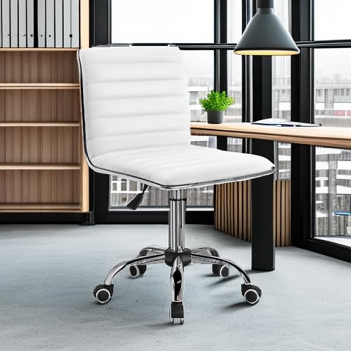 Furmax Mid Back Task Chair,Low Back Leather Swivel Office Chair,Computer Desk Chair Retro with Armless Ribbed (White)