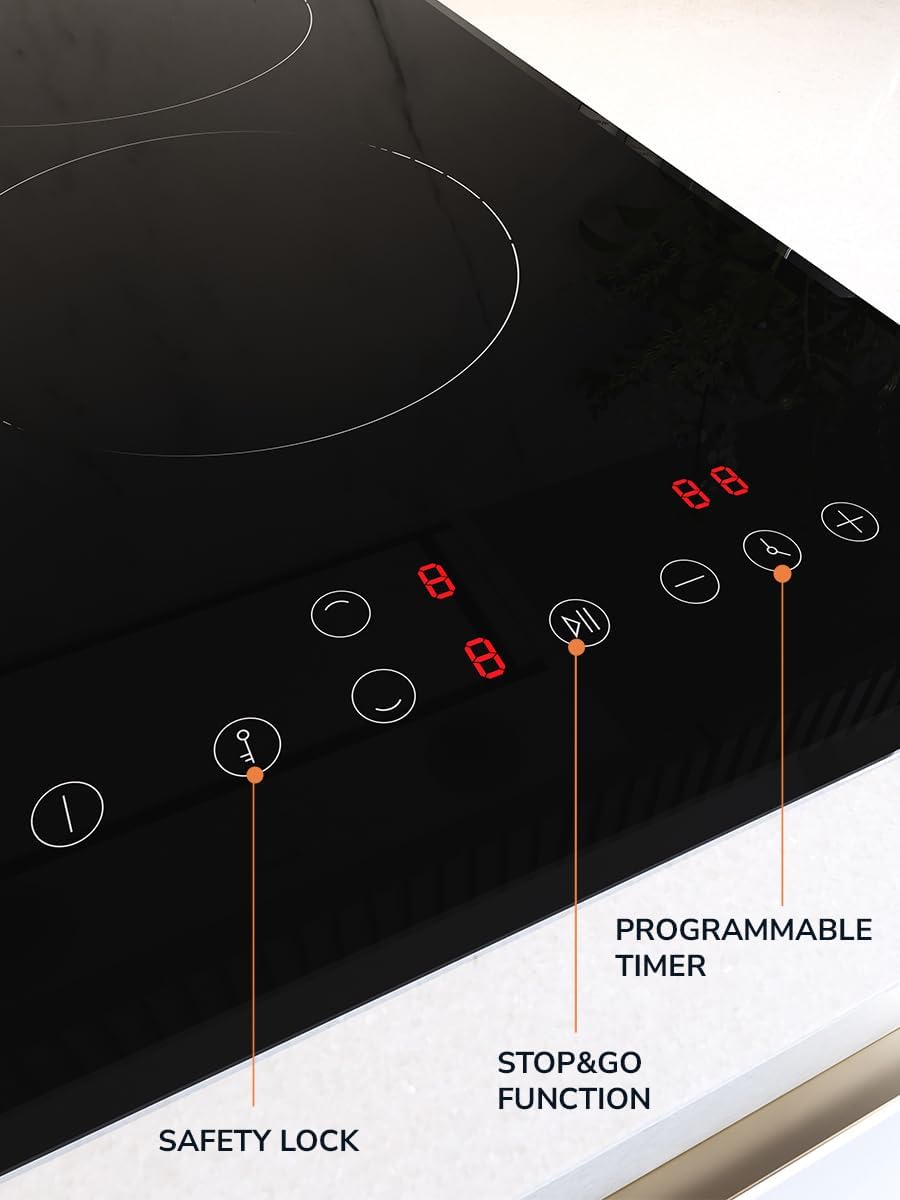 MIILLEN Built in Electric hob, 30 cm Black Glass, 2 Heating Zones, 3000W, Touch Control, MEH 301 BL, 3 Year Warranty