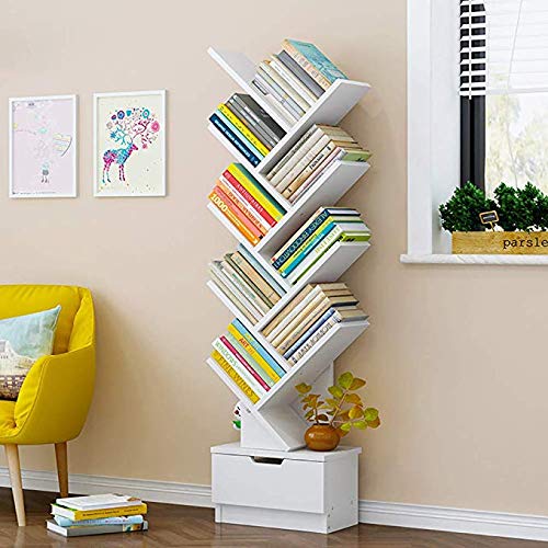 U-HOOME Bookshelf， Tree Bookcase, 7-Tier Bamboo Wood Book Rack, Storage Shelves in Living Room, Free-Standing book shelf Organizer, Space Saver for Home, Office, Kid's Room Retro