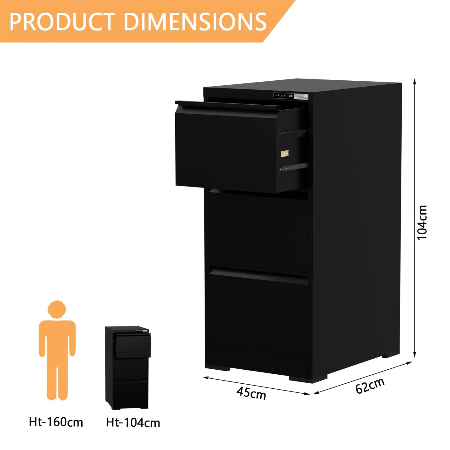 Mahmayi Victory Steel Japan OEM File Cabinet with Touch Screen Digital Lock with USB Charging Support, Portable Cabinet with 3 Storage Drawer, Vertical File Cabinet, Ideal for - Black