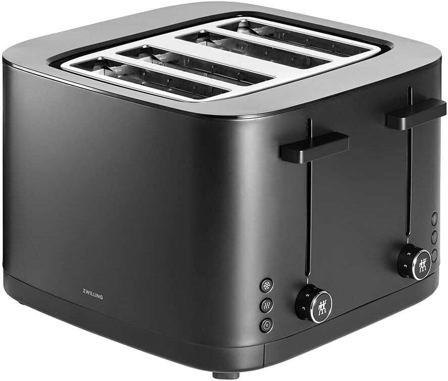 Zwilling Enfinigy Toaster 4 Slice Silver. 1000 watts. 8 separate heating elements. Soft lift & extra lift features. 7 browning levels. 3 automatic programmes: thaw, warm & bagel. Automatic shut-off.