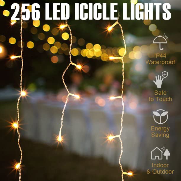 AUTOYSUR 16.4ft 256 LEDs Solar Icicle String Lights 8 Modes Waterproof Icicle Christmas Lights Outdoor Curtain Fairy Lights, Window Bedroom Wedding LED Waterfall Decorations Lights