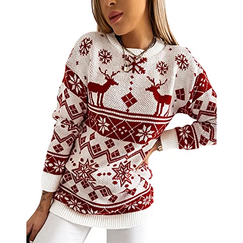 Women Sweater Christmas Oversized Pullover Sweaters Reindeer Snowflake Graphic Long Sleeve Crew Neck Knit Tops