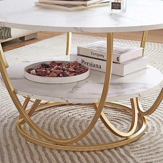 Ereteken ART Round Gold Coffee Table,2 Tier Coffee Tables for Living Room,Circle Coffe Table with Storage Modern Center Tea Table Wooden Faux Marble Top Metal Legs Accent Table (White)