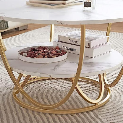 Ereteken ART Round Gold Coffee Table,2 Tier Coffee Tables for Living Room,Circle Coffe Table with Storage Modern Center Tea Table Wooden Faux Marble Top Metal Legs Accent Table (White)