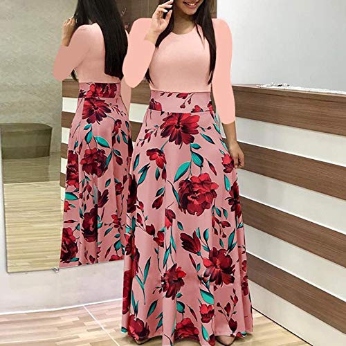 Fankle Women's Dress Bohemian Polka Dots Floral Print Maxi Dress O-Neck Long Sleeve A-Line High Waist Long Beach Dresses Casual Sundress