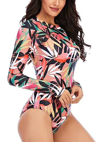 Maeau Women's Long Sleeve Rash Guard UV Protection Zipper Printed Surfing One Piece Swimsuit Bathing Suit