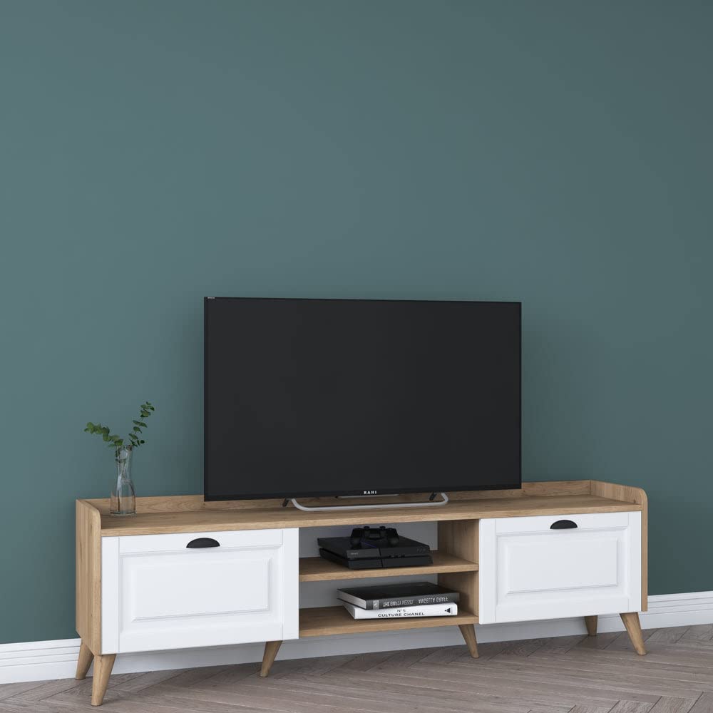 Home Canvas Coast Tv Unit Modern Free Standing Tv Stand 180 cm - Walnut and White