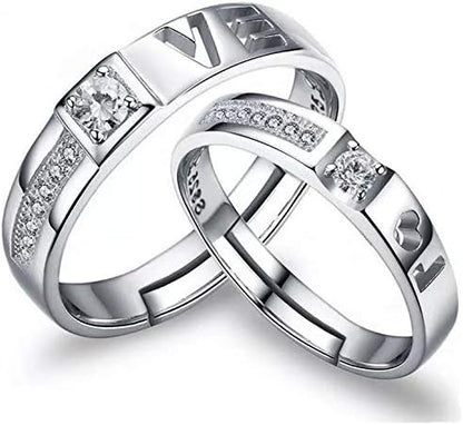 925 Sterling Silver Letter Love Diamond Adjustable Open Couple Ring Set for Female and Male cr24