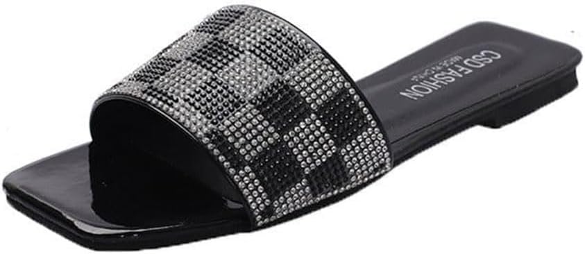 Women's Flat Heels Slippers Concise Checkered Luxury Design Rhinestone Slides Flip Flops Slippers Casual Beach Sandals Shoes For Ladies