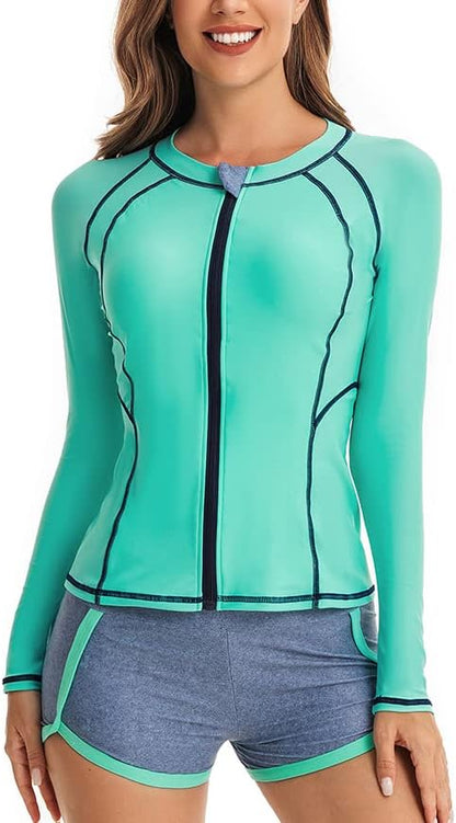 CCAKXCJJ Womens Two Piece Rash Guard Long Sleeve Swimsuit UV UPF 50+ Zipper Athletic Swimwear Sports Surfing Bathing Suit