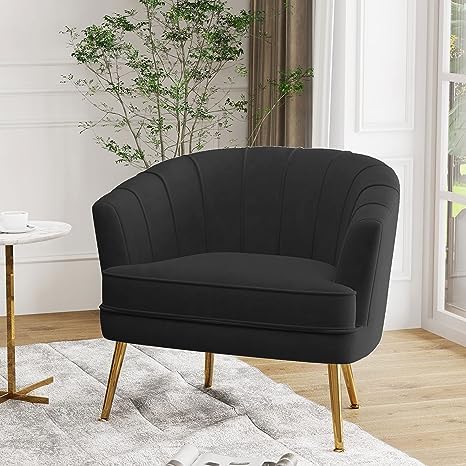 Exclusive Velvet Accent Chairs for Living Room Bedroom Office Upholstered Single Sofa Chair Arm Chair Comfy Chair Reading Club Coffee Chair with Metal Legs (Black)