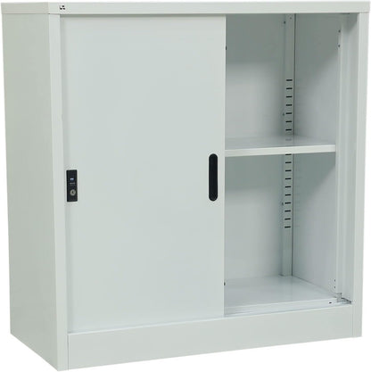 RIGID Steel Sliding Door Cupboard Low Hight Steel Filing Cabinet with Shelves Storage (White)