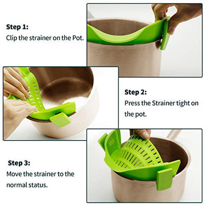 Clip on Strainer for pots pans, Snap'N Strainer Strain Made by FDA Approved, Heat Resistant Silicone, Easy to Use and Store,Dishwasher Safe