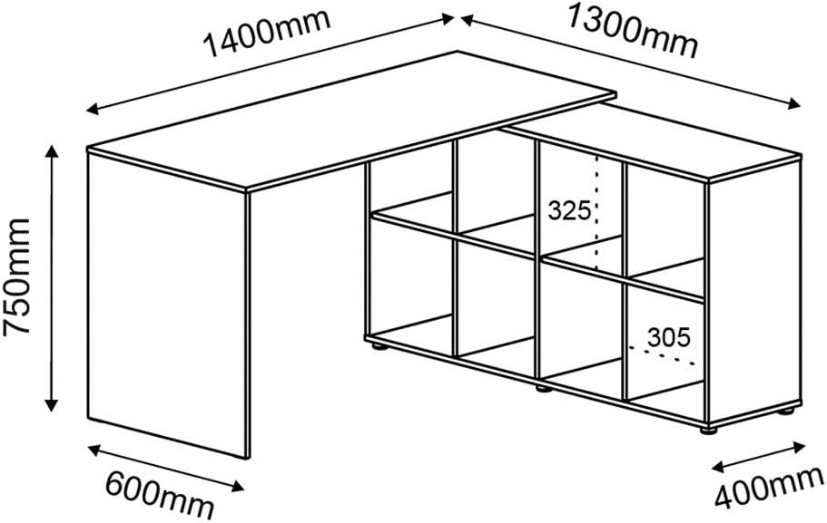 Artany Nero Corner Desk, White, L Shaped, 8 Storage Organizing Shelves - W 140 X D 130 X H 75 cm