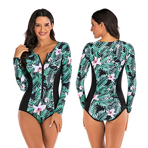 Maeau Women's Long Sleeve Rash Guard UV Protection Zipper Printed Surfing One Piece Swimsuit Bathing Suit