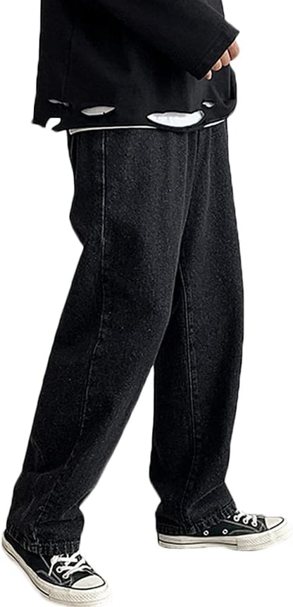 Rexcyril Men's Loose Fit Straight Leg Denim Jeans Baggy Wide Leg Plain Pants Trousers