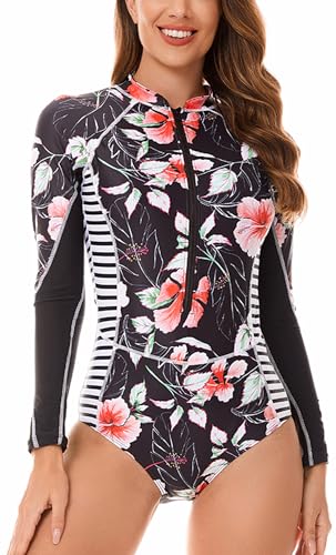 Maeau Women's Long Sleeve Rash Guard UV Protection Zipper Printed Surfing One Piece Swimsuit Bathing Suit