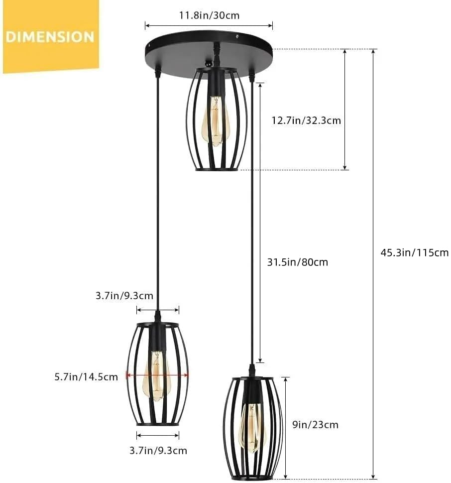 HUA QIANG WANG Industrial Pendant Light Fixture, 3-Light Vintage Black Ceiling Lamp, Adjustable Height Hanging Chandelier Lighting for Kitchen Island Living Room Dining Room Bedroom