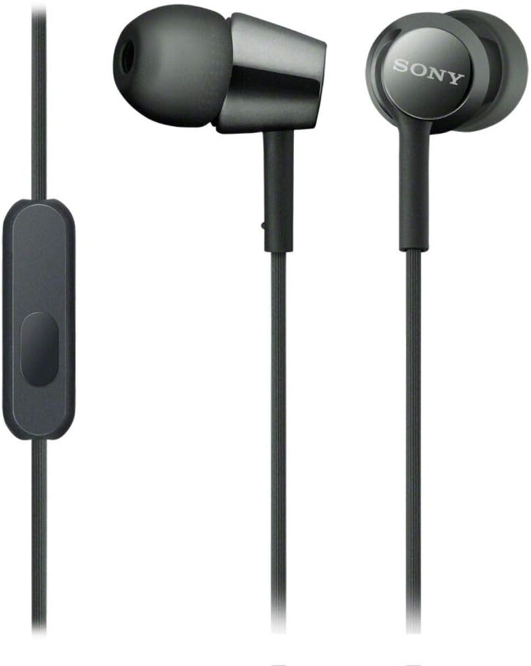 Sony Mdr Ex155Ap Wired In Ear Headphones With Tangle Free Cable, 3.5mm Mini-jack pin, Earphone Mic For Phone Calls, Black, Mdrex155Ap/B, 17.3 X 4 cm