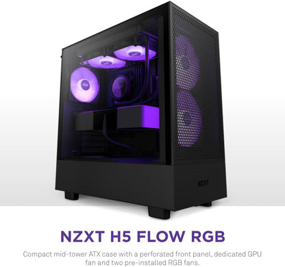 NZXT H5 Flow Compact ATX Mid-Tower PC Gaming Case – High Airflow Perforated Front Panel – Tempered Glass Side Panel – Cable Management – 2 x 120mm Fans Included – 280mm Radiator Support – White