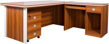 Mahmayi Zelda M225-16 Modern Executive Desk with Check Writing Ledge, Underneath Storage Cubby, Locking Drawer, and Storage Cabinet - Office Furniture for Productivity - Walnut/White (160cm)