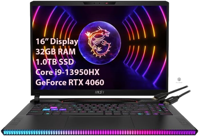 MSI GE68HX Raider 16" Gaming Laptop - Intel Core i9-13950HX - 32GB RAM - 1.0TB SSD - GeForce RTX 4060-144HZ FHD+ (1920 x 1200) - Windows 11 Home - Kuulpal HDMI Cable - CaveHubs