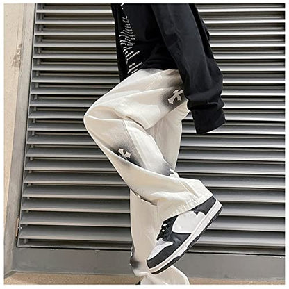 Men Jeans Baggy Straight Relaxed Cargo Work Pants With Pockets, Men's Loose Hip-hop Printed Baggy Denim Jeans