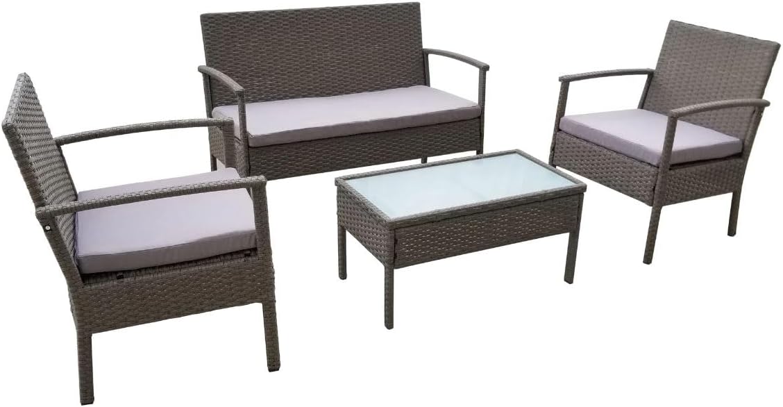 SKY-TOUCH Outdoor Furniture Set of 4 : 4 Seater Plastic Rattan Metal Frame Patio Sofa with Soft Cushion Black Tempered Glass Coffee Table for Garden Backyard Patio Balcony Brown