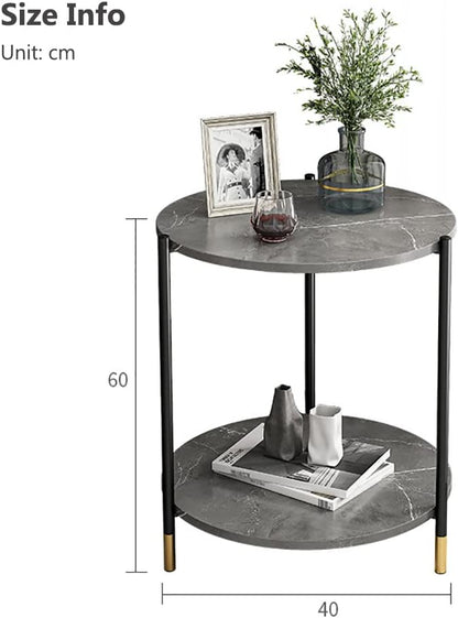 COOLBABY Round Coffee Table, Double Layer Sofa Side Table End Table, Imitation Marble Coffee Round Table Snack Table Bedside Table with Simple Design for Living Room Small Space (H88A-Black)