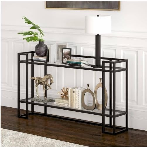 HOMETASTE Glass Console Table Metal Console Table with Dual Clear Glass Shelve Entryway Table Narrow Modern Console Table TV Stand Dressing Table Stand Modern Hallway Table (Golden)