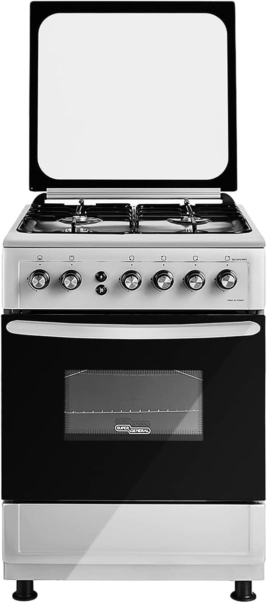 Super General Freestanding Gas-Cooker 4-Burner Full-Safety, Stainless-Steel Cooker, Gas Oven with Rotisserie, Automatic Ignition, Silver, 60 x 60 x 85 cm, SGC-6470-MSFS, 1 Year Warranty