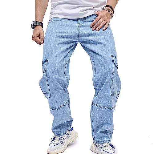 WEIBUMAOYI Men's Loose Fit Pants Relaxed-Fit Men Jeans Washed Oversize Straight Leg Carpenter Jean