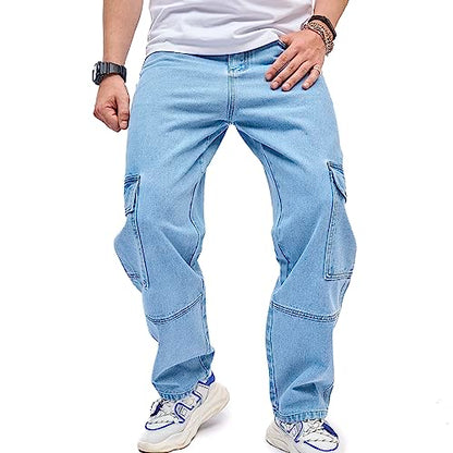 WEIBUMAOYI Men's Loose Fit Pants Relaxed-Fit Men Jeans Washed Oversize Straight Leg Carpenter Jean