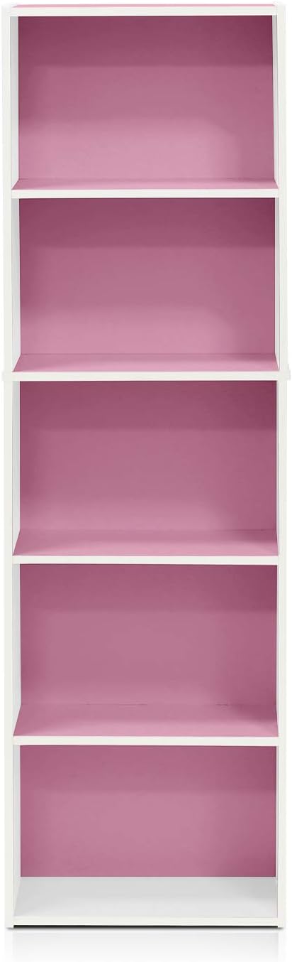 Furinno 5-Tier Reversible Color Open Shelf Bookcase, White/Pink 11055WH/PI