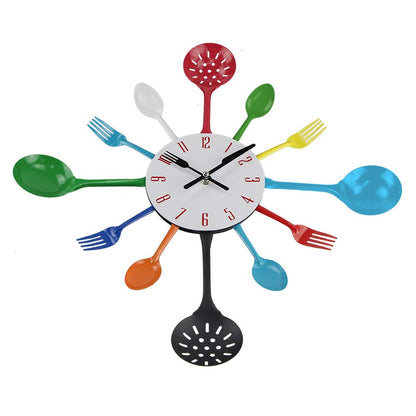 Timelike Wall Clock, 16" Metal Kitchen Cutlery Utensil Spoon Fork Wall Clock Creative Modern Home Decor Antique Style Wall Watch (Black)