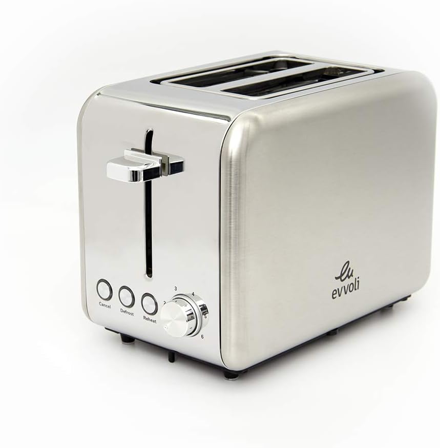 evvoli 2 Slice Toaster With 6 settings Stainless steel Removable Crumb Tray EVKA-TO7HS, Silver