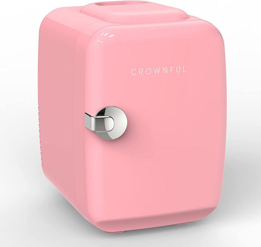 CROWNFUL Mini Fridge, 4 Liter 6 Can Portable Cooler and Warmer, Personal Fridge for Skin Care, Cosmetics, Food, Great for Bedroom, Office, Car, Dorm, ETL Listed (Pink)