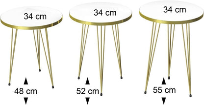 LHFHOMT- Round Coffee table set Nesting Coffee Table Set of 3 Pieces, Wooden Top, Gold Metal legs End Table Desk for Living Room, Balcony, Office, Sofa Side (White - Black Lines)