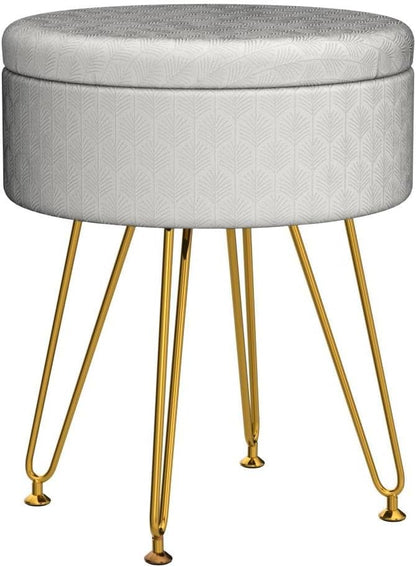 Cpintltr Footrest Footstools Round Velvet Ottoman with Storage Space Soft Vanity Chair with Memory Foam Seat Small Side Table Hallway Step Stool 4 Gold Metal Legs with Adjustable Footings Champagne