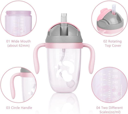 Sippy Cups for 6+ Months Baby, Baby Cup 300ml Weighted Straw& Easy-Grip Handles, Baby Water Bottle with Simple Flip-Top Lid, Trainer Cup for Independent Drinking, 360°Spill-Free Toddler Cup (Pink)