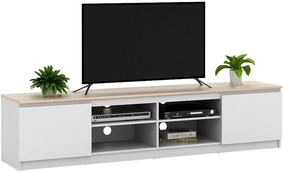 Danube Home Guyana Tv Unit With 2 Doors And Shelves Up To 80 Inches | Entertainment Modern Design Wall Unit Furniture | Wooden TV Stand For Living Room | Media Center L196.2xW39.6xH44.7cm-White/Oak