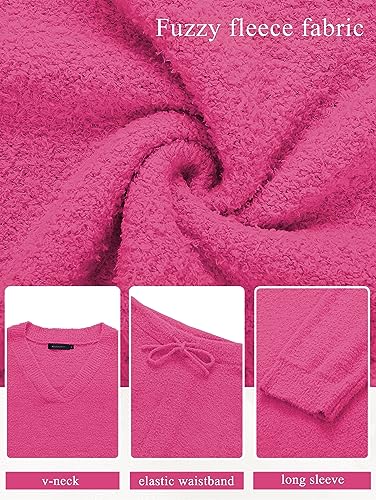 MEROKEETY Women's 2 Piece Outfits Fuzzy Fleece Pajama Set Long Sleeve Top Wide Leg Pants Loungewear