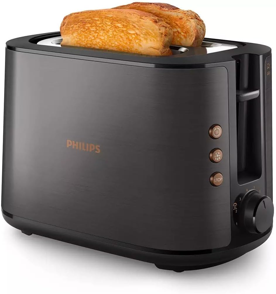 Philips 5000 Series Toaster - 950W, Auto Shut-off, Reheat Mode, Bun Warming Rack - HD2650/31 Black & Copper