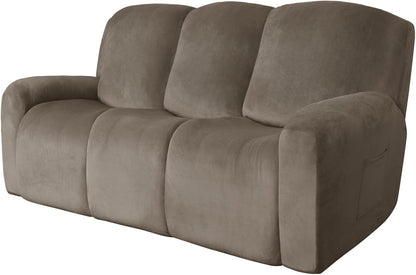 Easy-Going Velvet Reclining Loveseat with Middle Console Slipcover, Stretch 8-Piece Loveseat Reclining Sofa Covers, 2 Seat Loveseat Recliner Slipcover, Thick, Soft, Washable, Gray