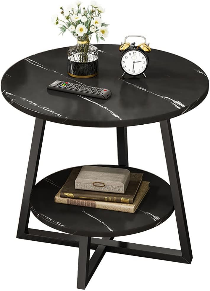 Round Coffee Table, Double Layer Sofa Side Table End Table, Imitation Marble Coffee Round Table Snack Table Bedside Table Nightstand with 2 Layer Storage for Living Room Small Space (H221-Black Top)